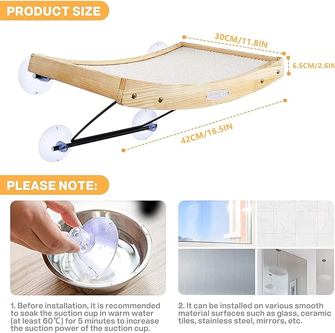 Pecute Cat Window Perch Sisal Cat Scratcher 2 in 1, Cat Hammock for Window Seat with Solid Wood Frame, Iron Bracket, and Heavy Duty Suction Cups, Cat Perch Holds Cats Up to 30lbs
