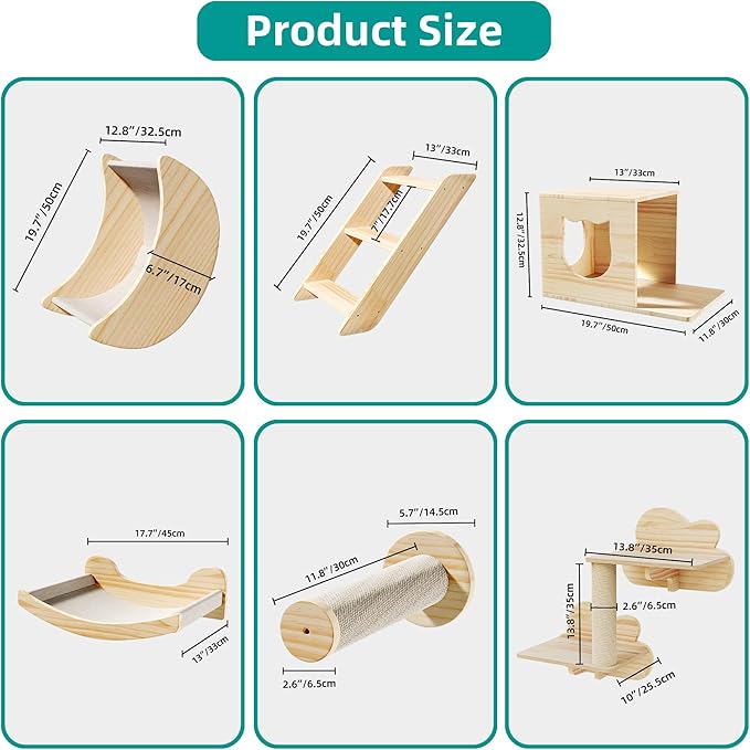 YITAHOME Solid Wood Cat Wall Shelves and Perches for Wall, Pine Wall Mounted Cat Tree Set of 9, Cat Climbing Shelves with Moon Cat House, Cat Bridge Ladder Indoor Mounted Condos House