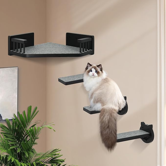 Cat Wall Shelves, Corner Cat Shelves and Perches for Wall, Cat Wall Furniture Cat Shelf with 3 Steps, Wall Mounted Cat Hammock Cat Bed with Plush Covered, Wood Cat Climbing Shelf for Indoor
