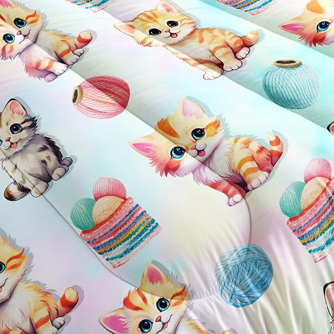AILONEN Cute Cat Kitten Comforter Set Full Size, Kids Girls Soft Microfiber Bedding Set for Bedroom,Colorful Watercolor Cat Comforter with 2 Pillowcases,3-Piece