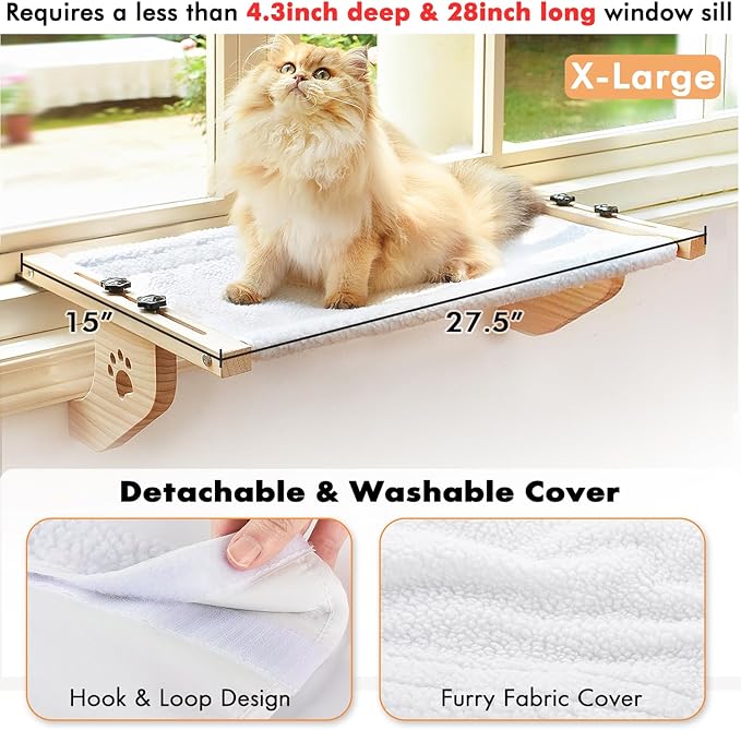 AMOSIJOY Cat Sill Window Perch Sturdy Cat Hammock Window Seat with Wood & Metal Frame for Large Cats, Easy to Adjust Cat Bed for Windowsill, Bedside, Drawer and Cabinet
