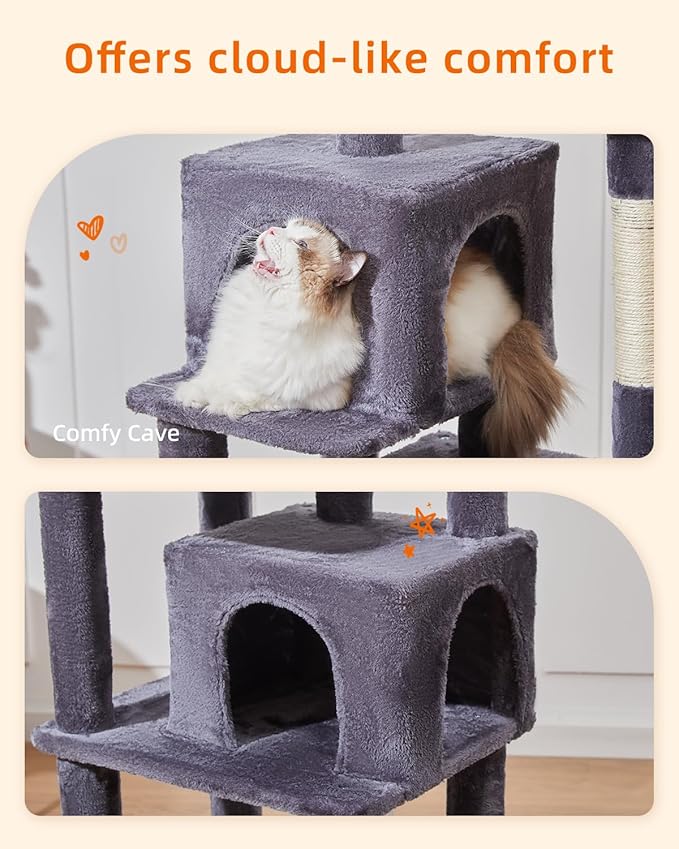 Taoqimiao Cat Tree, 61-Inch Cat Tower for Indoor Cats, Plush Multi-Level Cat Condo with 5 Scratching Posts, 2 Perches, 2 Caves, Hammock, 2 Pompoms, Smoky Gray MS013SG