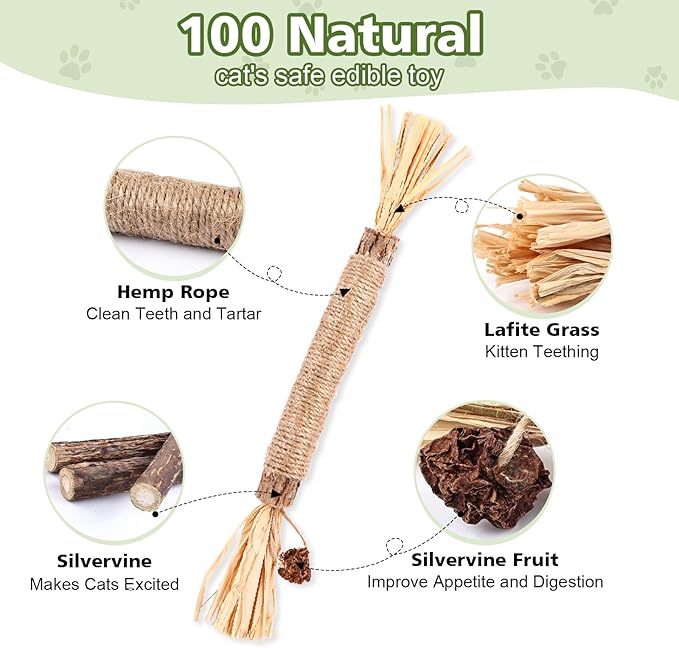 6 Pack Silvervine Sticks Cat Toy, Natural Cat Chew Stick for Cat Dental Care Teeth Cleaning,Matatabi Cat nip Treat Toys for Indoor Cats& Kittens