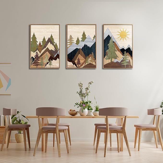 Ausril Mountain Pine Tree Framed Canvas Wall Art Set, Nature Wilderness Illustration Wall Decor, Woodcut Forest Wall Painting, Mid Century Modern Art Print for Living Room Bedroom Office 16"x24"x3