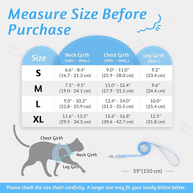 rabbitgoo Cat Harness and Leash Set for Walking Escape Proof, Adjustable Soft Kittens Vest with Reflective Strip for Cats, Comfortable Outdoor Vest, Light Blue, L