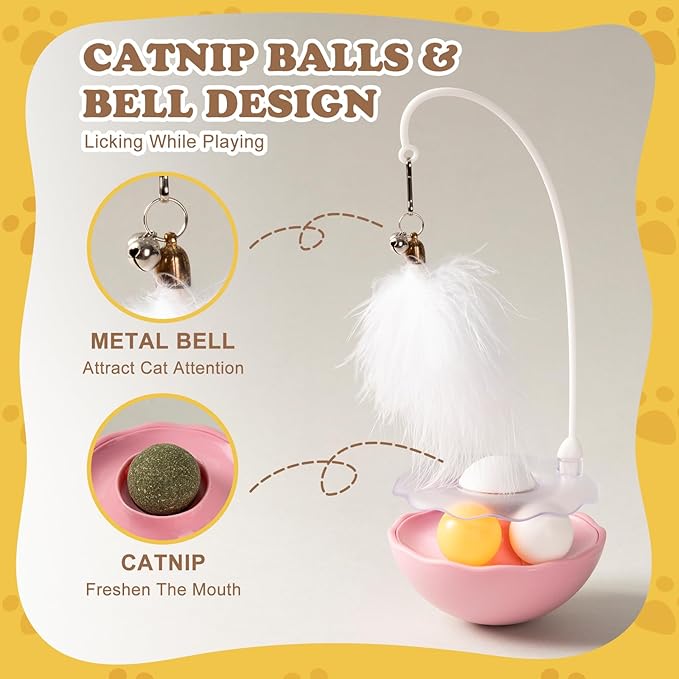 3-in-1 Tumbler Catnip Toy Interactive Cat Toys Cat Teaser with Feather and Bell, Track Balls Kitten Toys for Indoor Cats 9.8'' High (Pink)