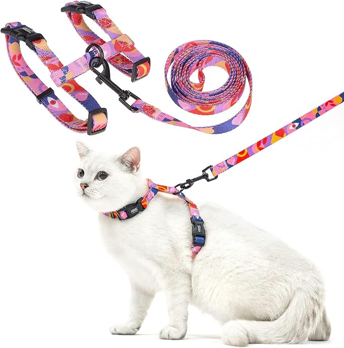 PUPTECK Adjustable Cat Harness and Leash Set Escape Proof Kitten Strap Collar for Walking Travel, Printed Pink