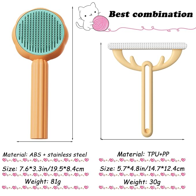 7.6in Pumpkin Pet Brush Cat, 2Pcs Creative Comfortable Self Cleaning Slicker Brush, Cat Brush for Shedding and Grooming Self Cleaning (Orange)