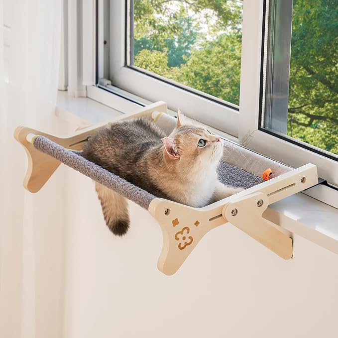 Cat Window Perch Cat Window Hammock for Indoor Cats Steady Sturdy Adjustable Cat Bed Providing All-Around Sunbath Space Saving Washable (Grey, Medium)