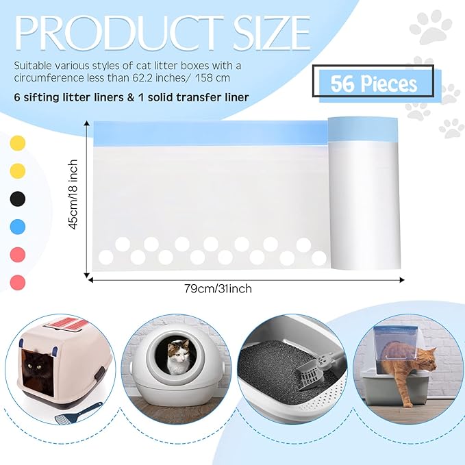 56 Count 31 x 18 Inch Sifting Cat Litter Bags Large Thick Cat Litter Box Liners with Holes Portable Thick Cat Litter Bags Drawstring Litter Box Liners for Pets Cats Litter Box Supplies