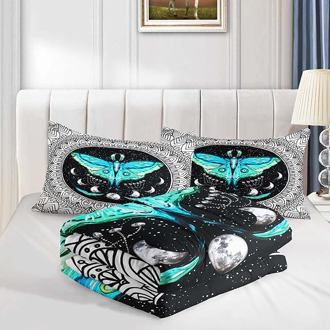 AILONEN Moth Comforter Set for Girls Kids Teens, Boho Death Moth Print Bedding Set Full Size,Fantastic Mandala Sun Moon Quilted Duvet,1 Comforter 2 Pillowcases 3 Piece