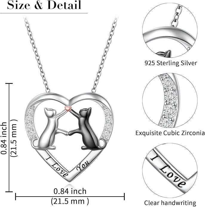 925 Sterling Silver Cat Necklace for Women Small Red Heart Cat Jewelry Pendant Necklace with Cubic Zirconia Dainty Double Cat Necklace Birthday Anniversary Christmas Gifts for Women