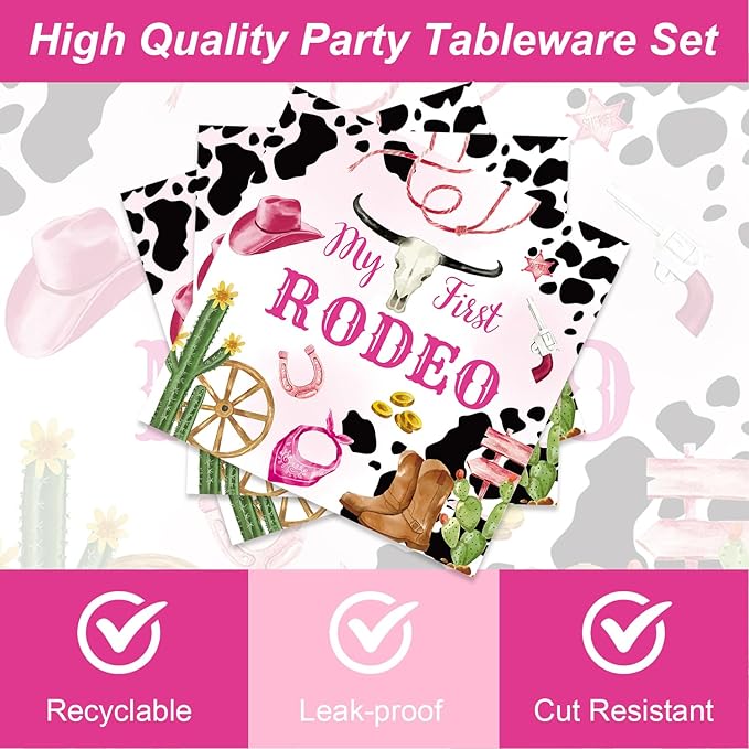 48Pcs My First Rodeo Decorations Western Cowgirl 1st Party Tableware Set Wild West Pink Disposable Plates Napkins Forks Serves 16 Baby Shower First Birthday Decorations For Girl