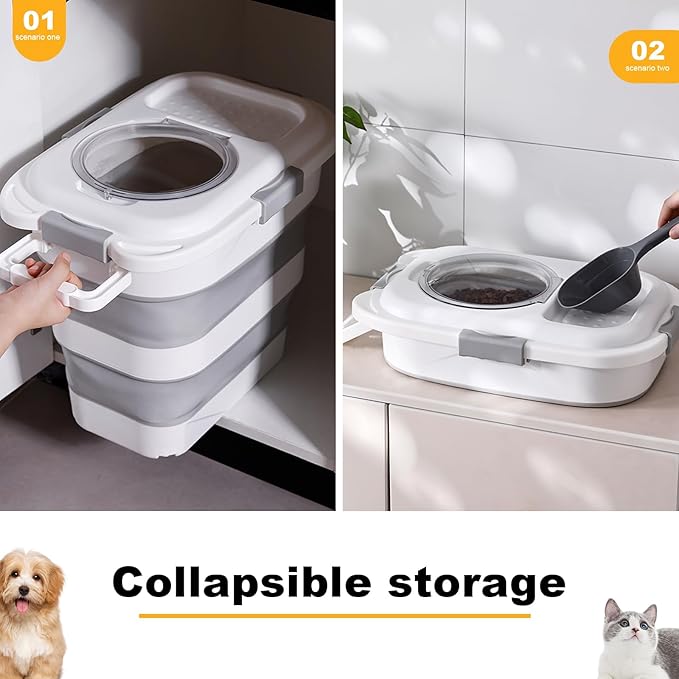 25 lbs Dog Food Storage Container,Collapsible Dog Food Container with Travel Silicone Bowl and Scoop,Pet/Dog/Cat/Bird Food/Cat litter Storage Containers to Keep Dry,Easy to Move.(white)