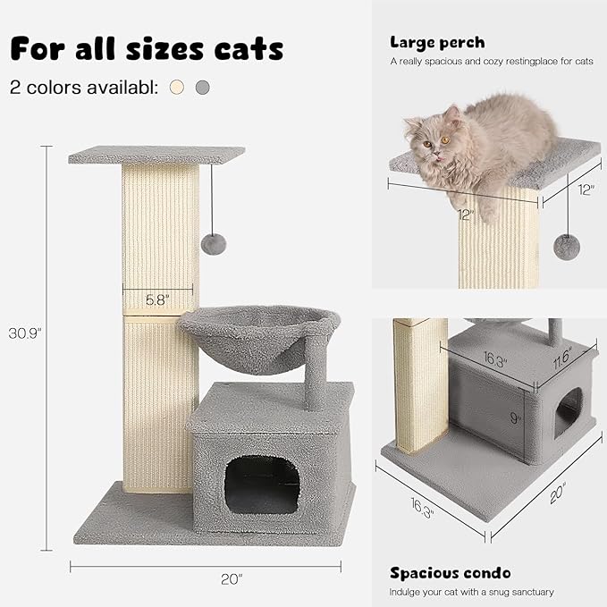Small Cat Tree, 31 Inches Tall Cat Scratching Post with Perch & Condo & Hammock, Natural Woven Sisal Cat Post Sctacher, Kitten Scratching Posts for Indoor Cats, Cat Scratch Tower, Gray