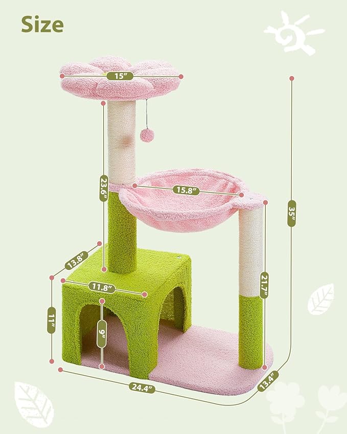 Flower Cat Tree with Large Metal Frame Hammock, 35" Cute Cat Tower with Sisal Scratching Posts for Small Indoor Cats, Cat Condo with Pink Top Perch for Kittens, Pink