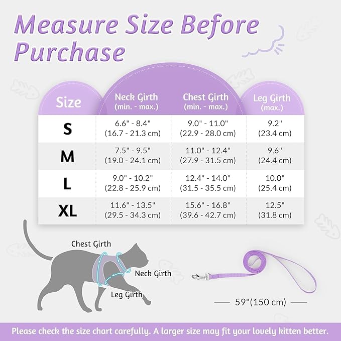 rabbitgoo Cat Harness and Leash Set for Walking Escape Proof, Adjustable Soft Kittens Vest with Reflective Strip for Cats, Comfortable Outdoor Vest, Light Purple, XL