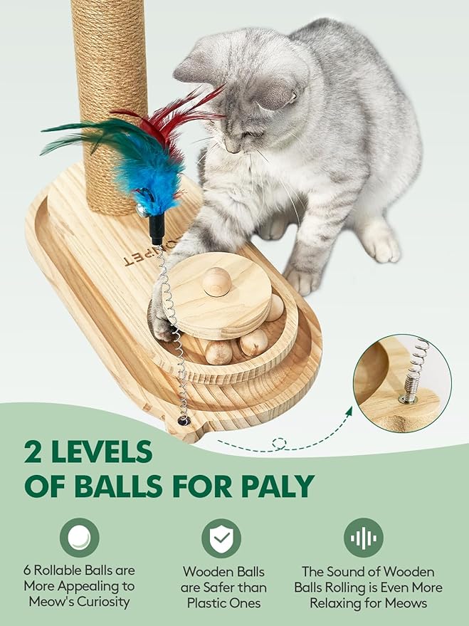 NZONPET Cat Scratching Post 16.54" Tall Scratch Post Premium Sisal Rope Scratch Posts for Kitten and Adult Cats All Natural Rope Wooden Ball Track Interactive Toy with Dangling Balls
