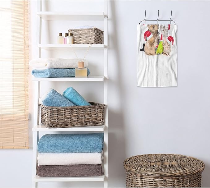 AOYEGO Dogs Cats Bathroom Towels Rabbits Bird in Christmas Red Hats Animal Family Soft Bath Hand Towels Microfiber Kitchen Hotel Spa Hand Towels 15x30 Inch