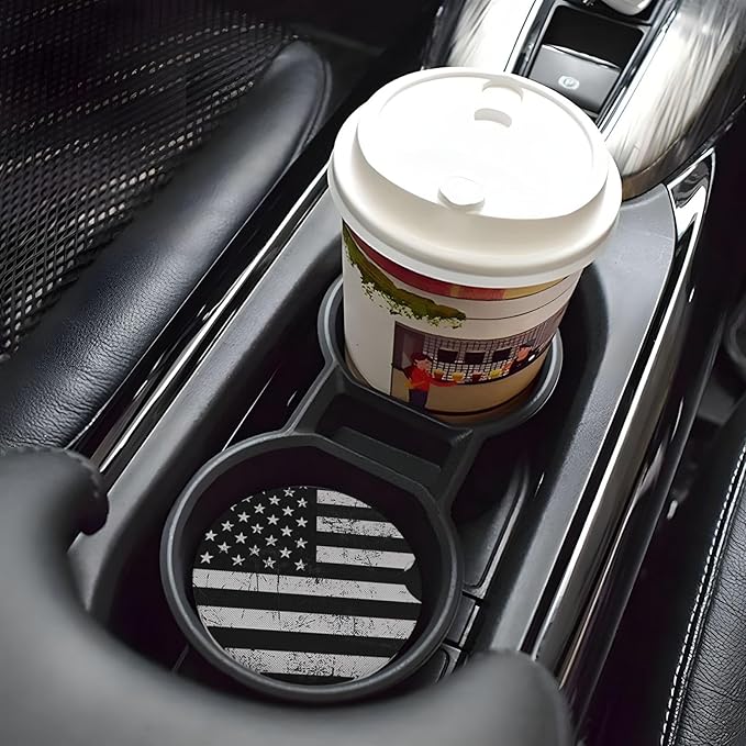 Absorbent Ceramic Car Coasters for Cup Holders, Black White American Flag Design 2.56" Anti Slip Universal Drink Cup Coasters for Women Men (2 Pack)