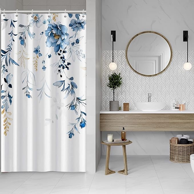 AWERT Blue Plants Shower Curtain with Hooks Watercolor Leaves Shower Curtain for Bathroom Waterproof Bathroom Accessories Bathtub Decor 36x72inch
