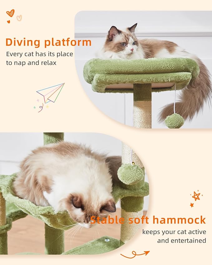 Taoqimiao Cat Tree, 39.4-Inch Cat Tower for Indoor Cats,Suitable for Kittens,Plush Cat Condo with 5 Scratching Posts, Plush Perch,2 Hammock,Pompoms, MS019GR Green