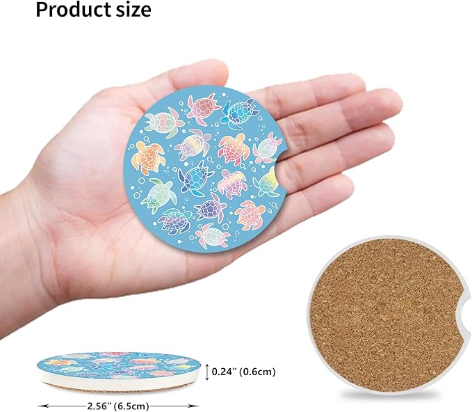 2 Pack Absorbent Car Coasters for Cup Holders,2.56" Ceramic Coasters with Cork Back and Finger Slot,Cute Sea Turtles Pattern Auto Accessories for Women & Men.