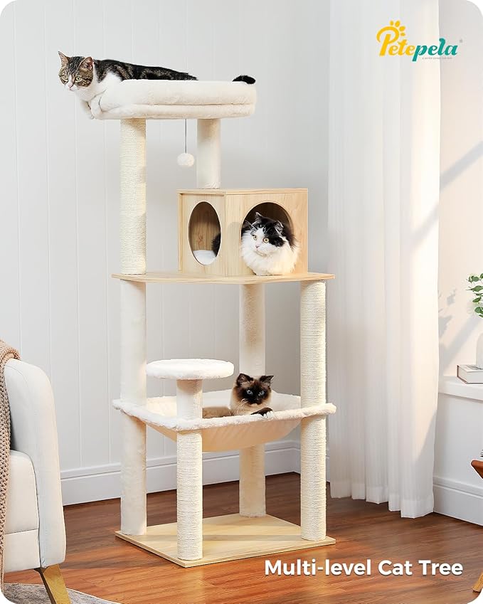 PETEPELA Wood Cat Tree for Indoor Cats Multi-Level Tower with Sisal Covered Scratching Posts, Cozy Condo, Super Large Hammock and Plush Perches Faux Rabbit Milk Fur Beige Rabbit Fur Wood Beige