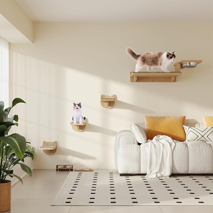 MeowHomm Cat Wall Shelves, Wood Cat Wall Furniture with 3 Cat Wall Steps, Cat Feeding Shelf with 2 Cat Food Bowls, Wooden Cat Bed Furniture Wall Mounted
