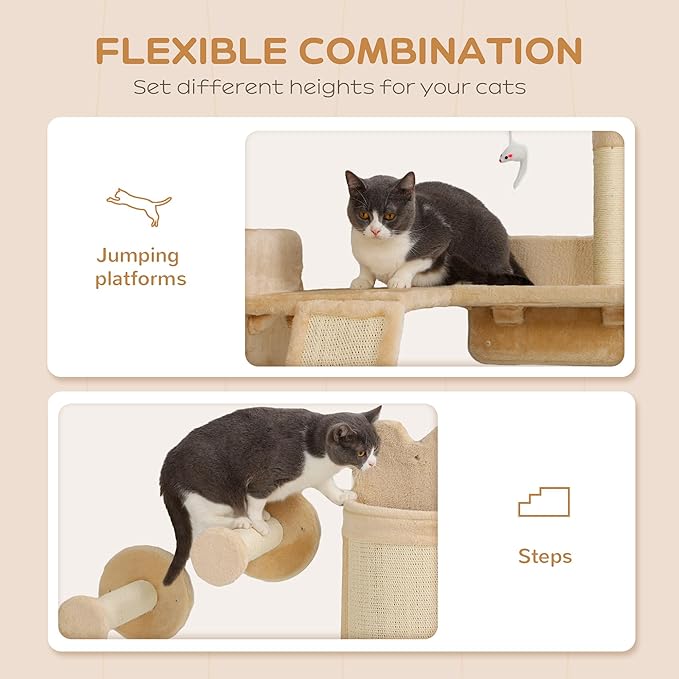 PawHut Cat Wall Shelves, 4PCs Corner Design Cat Wall Furniture with Scratching Post, Scratching Board, Perches, Cat Wands, Toy Ball, Cat Wall Climber for Indoor Cats Kittens, Beige