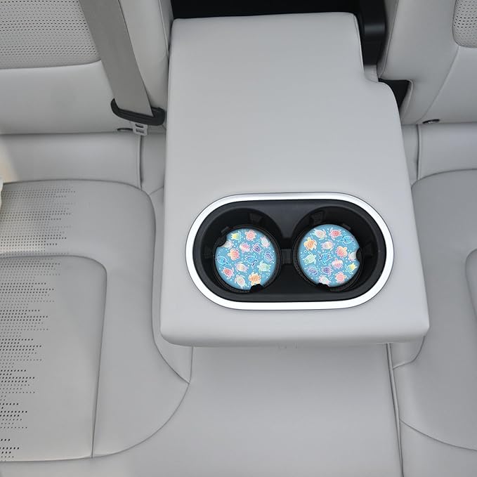 2 Pack Absorbent Car Coasters for Cup Holders,2.56" Ceramic Coasters with Cork Back and Finger Slot,Cute Sea Turtles Pattern Auto Accessories for Women & Men.