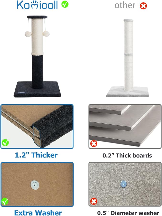 34-Inch Tall Cat Scratching Post for Indoor Cats, Large Carpet Scratch Post, Sisal Cat Scratcher, Sturdy and Durable Cat Post with Hanging Ball