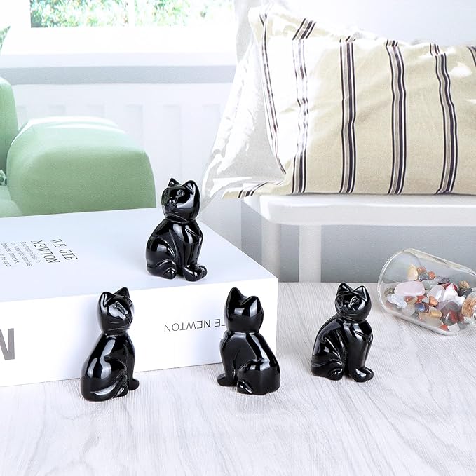 2" Black Obsidian Crystal Cat Figurine Cat Sculpture Kitten Carving Animal Healing Crystals Gemstone Collectibles Home Art Decor