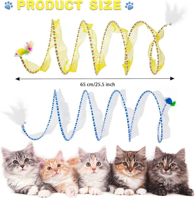 2 Pcs Cat Tunnels for Indoor Cats - S Type Foldable Cat Spiral Tunnel Toy, Decompression Interactive Self-Play Cat Hunting Spiral Tunnel Toy with Ribbon Bell Feather Balls Blue, Blue+Yellow
