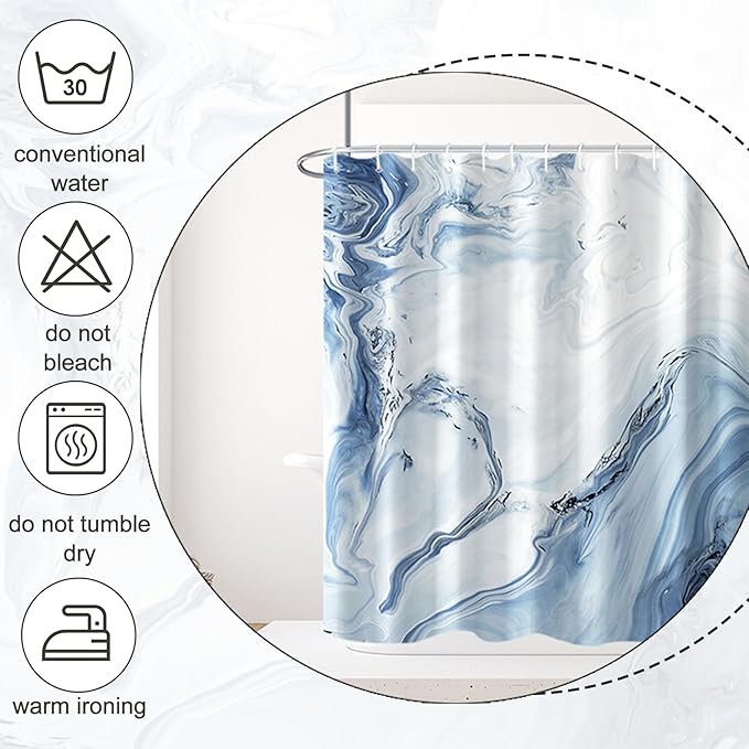AWERT Blue Marble Shower Curtain - Waterproof for Bathroom Decor, Printed Washable With Hooks, 60x72 Inch