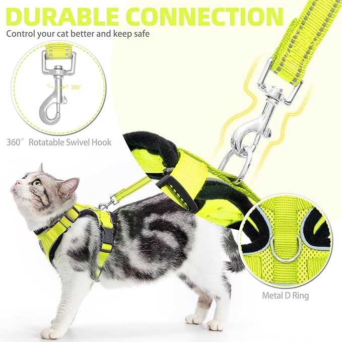PUPTECK Cat Harness and Leash Set Escape Proof Reflective Cat Walking Harness Adjustable Soft Breathable Mesh Vest for Small Pets, Fluorescent Yellow, S