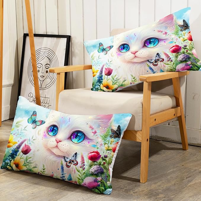 AILONEN Fairy Cat Kids Comforter Set Twin Size, Colorful Floral Butterfly Cartoon Kawaii Bedding Set for Girls, Fantasy Comforter with 2 Pillowcases, Beautiful Cat Duvet Set 3 Pieces