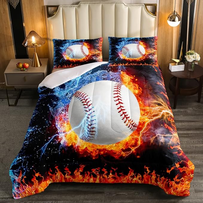 Baseball Comforter Set Twin Size for Teen Boy Room Decor, Fire and Ice Sports Baseball Down Comforter Kids Men Modern Sports Theme Quilted Duvet (1 Comforter Set + 1 Pillow Case), Red and Blue