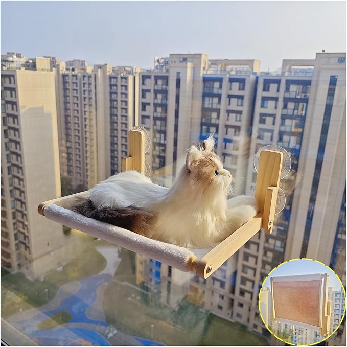 Foldable Cat Window Perch, 16.5 inches*12 inches Window Hammock, 35 lbs Weight Limit, Solid Wood Material Cat Window Hammock for Small Size Window