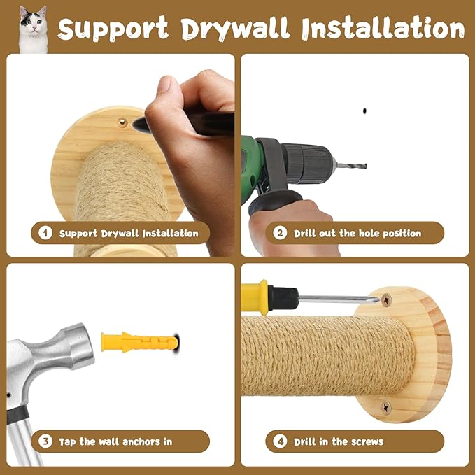 Cat Wall Steps, 11.8 Inch Cat Wall Furniture Drywall, Wall Mounted Cat Stairs for Wall Mounted with Jute Rope Scratching Cat Shelf 2 of Pack (2 Cat Steps)