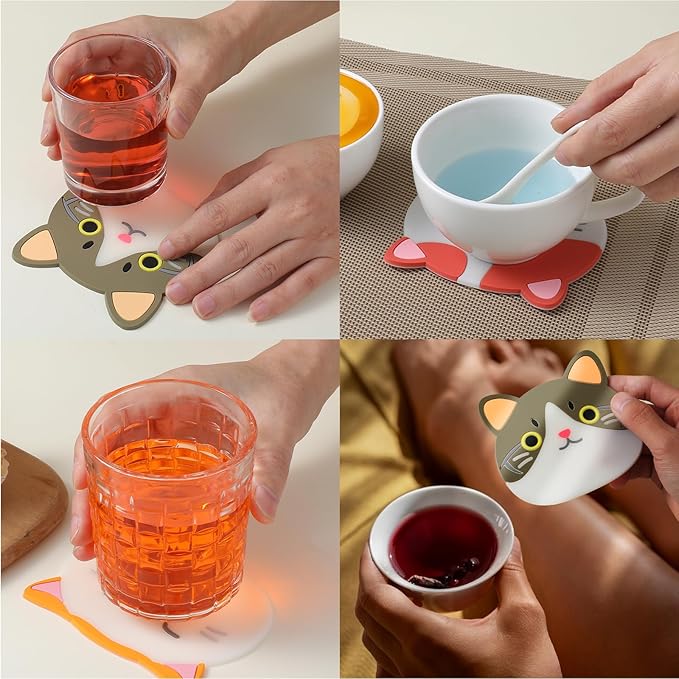 4Pcs Funny Cat Coasters for Drinks, Cute Cat Cup Holder, Silicone Small Coasters for Coffee Table Dinning Room Desk Decorations Non Slip Hot Pads for Beverage Drink Tea Home Gift Idea