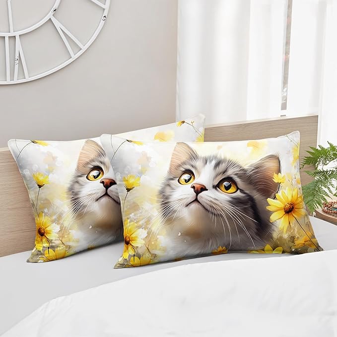 AILONEN Cat Comforter Set Twin Size for Kids,Yellow Flower Kitten Comforter Set,Boys Girls Cat Bedding Set,Soft Lightweight,1 Comforter with 2 Pillowcases,3 Pieces
