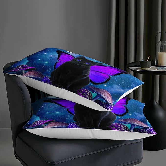 AILONEN Black Cat Comforter Set Twin Size, Butterfly Cat Bedding Set for Girls Boys,Blue Starry Moon Purple Mushroom Duvet Set 3 Pieces, 1 Quilt and 2 Pillowcases