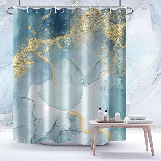 AWERT Teal Marble Shower Curtain for Bathroom Waterproof Quick-Drying Modern Abstract Shower Curtain Set with Hooks 72x72 Inch