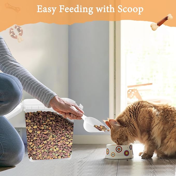 8 Lbs Dog Food Storage Container with Scoop - Airtight Cat Food Container - Buckle-Lock Pet Food Container for Dog, Cat, Bird Seed - Dog Treat Container Dry Food Storage Bin - Bright White