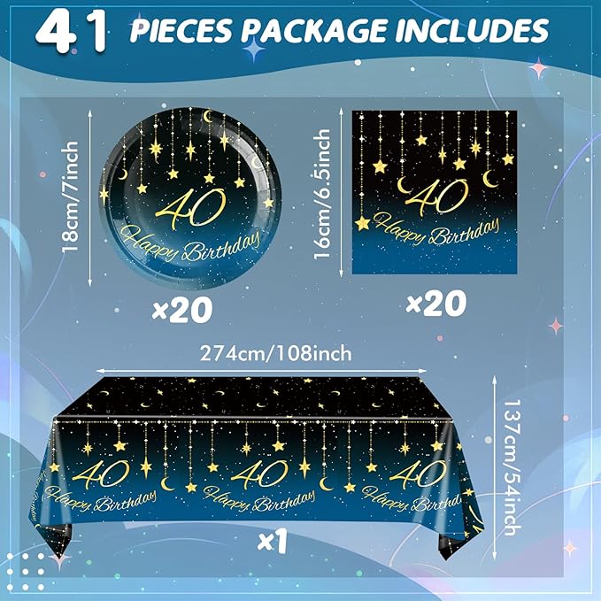40th Birthday Party Decorations, 41Pcs Starry Galaxy Party Supplies Includes 20 Plate 20 Napkins and 1 Tablecloth, 40 Years Old Birthday Theme Party Decorations for Mens Women Birthday Party Favors