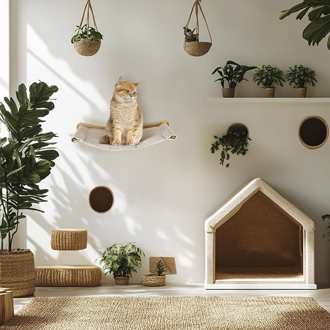 Cat Wall Shelves & Hammock Premium Durable Wood Construction Comfy Cat Beds for Large Cats & Kittens Ideal Indoor Cat Furniture for Climbing, Sleeping & Play (21 * 18.5 Inch Cotton Canvas)