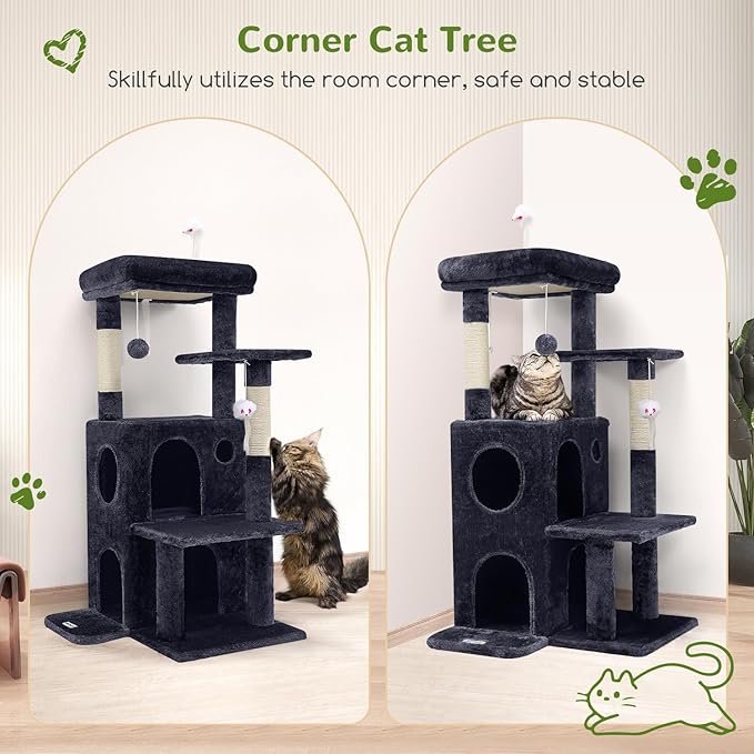 FC50 Cat Tree Tower for Indoor Cats, 50-inch Adult Cat Tree House for Large Adult Cats with Steps, Scratching Post, 2 Cat Caves, Dangling Toys, Dark Grey