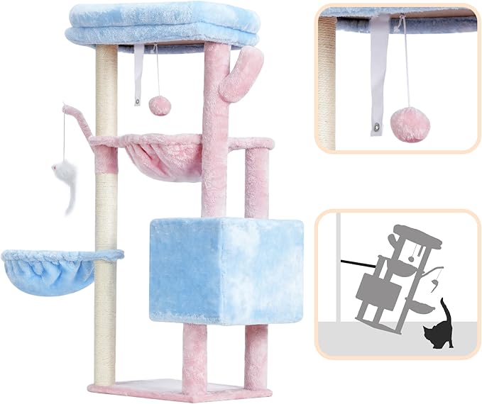 Heybly Cat Tree, 39.4 Inches Tower Condo with Scratching Post, Cat Tower for Indoor Cats, Fully Wrapped Sisal Pole, Soft Platform, 2 Baskets and Dangling Toy, Blue and Pink HCT006SBP