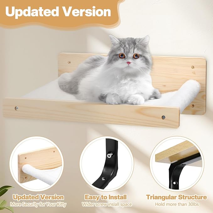 16" x 8" 2 Pcs Large Cat Wall Shelves with 16" x 14" Cat Hammock and Cat Scratching Mat Cat Wall Furniture Set Cat Climbing Shelf for 16 Inch Drywall, Suitable for Sleep, Climb, Play, Nap